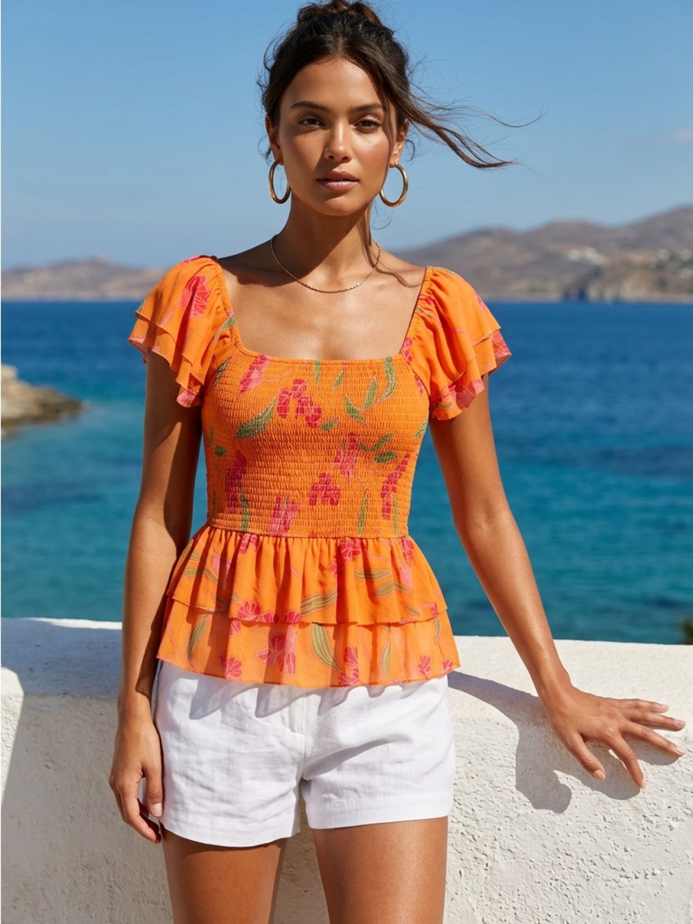 NWT DR2 Woman's Med Orange Pink Smocked Short Sleeve Peplum Blouse